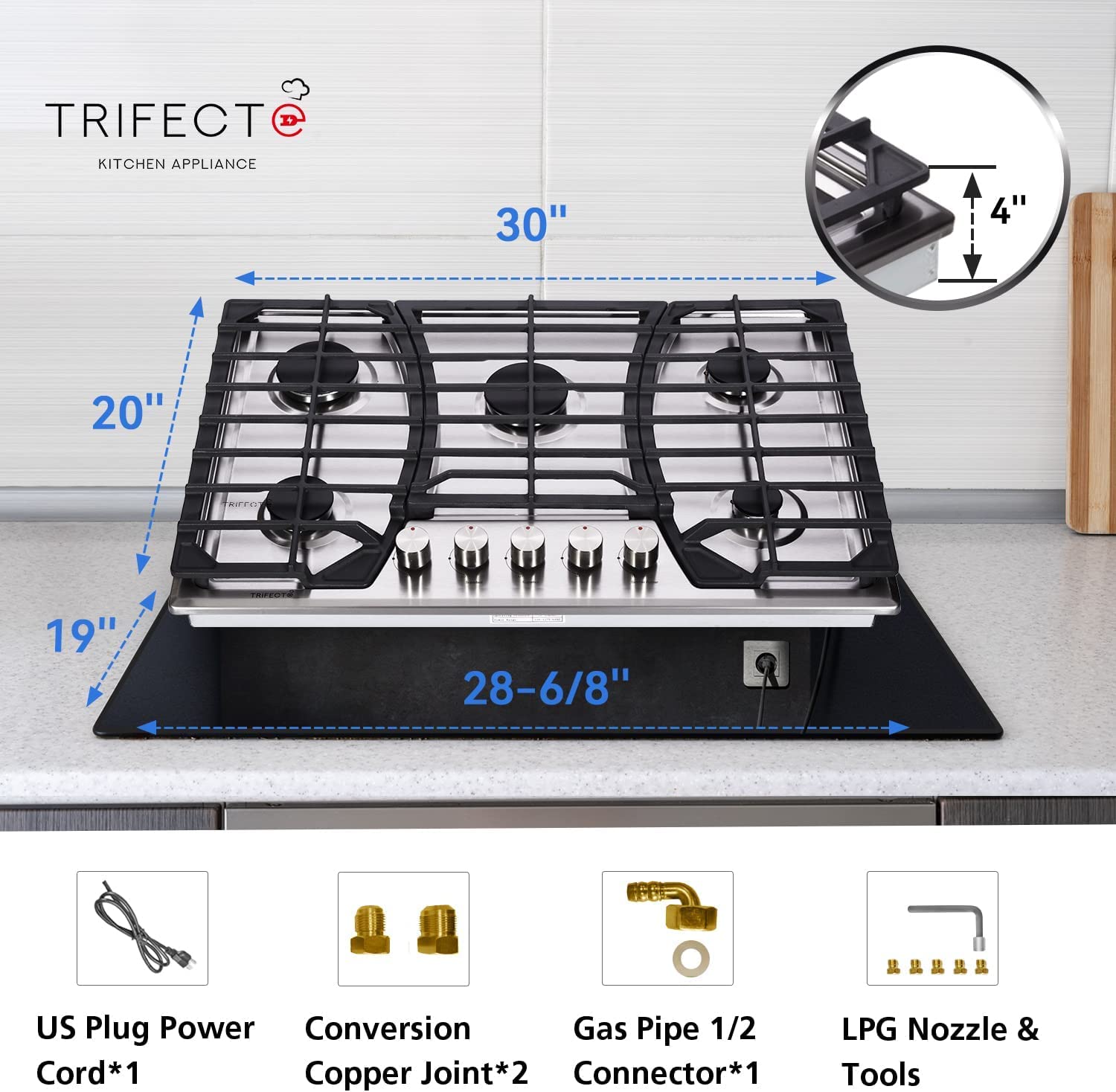 Trifecte 30 Inch Stainless Steel Gas Cooktop, Built-in Gas Stove Top with 5 Italy SABAF Sealed Burners Dual Fuel NG/LPG Convertible Gas Hob with Thermocouple Protection (Gas Regulator Not Included)