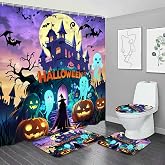 NBVKO Halloween Purple Castle Pumpkin Waterproof Shower Curtain,with Non-Slip Rugs,Toilet Lid Cover and Bath Mat,Bathroom Decor Accessory Set
