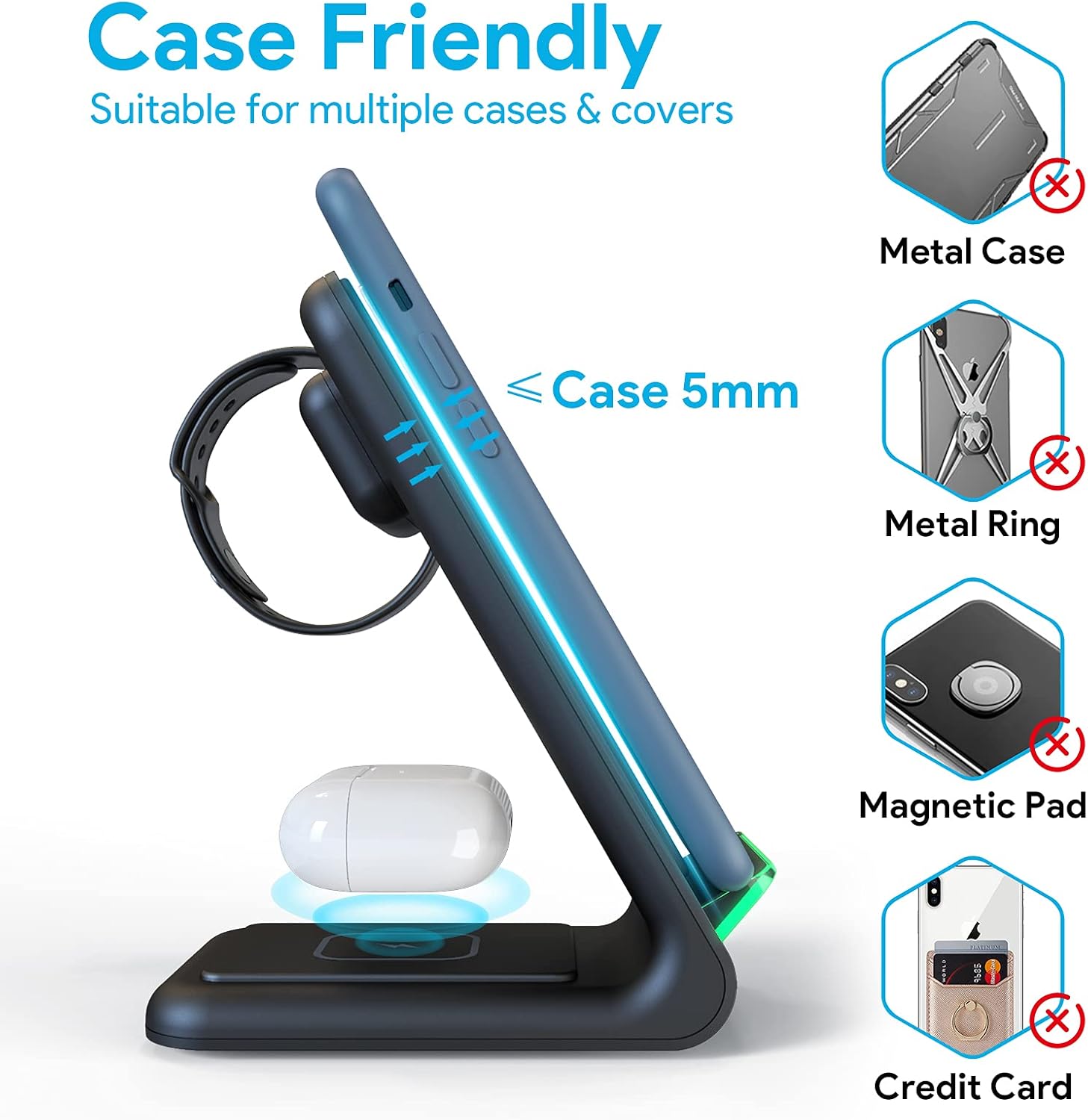 Wireless Charging Stand, 3 in 1 Wireless Charging Station Dock 15W Fast Wireless Charger for iWatch SE/6/5/4/3/2, Airpods 2/Pro, iPhone 12/12 Pro/ 11/11 Pro/XR/XS/X/8 /8P/Samsung(with QC 3.0 Adapter)