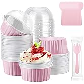EUSOAR Disposable Creme Brulee Ramekins and Pink Spoons, 60pcs 5oz Mini Cake Cheesecake Pans with Lids, Aluminum Foil Ramekins with Lids Muffin Liners for Party Wedding Birthday Family Gathering