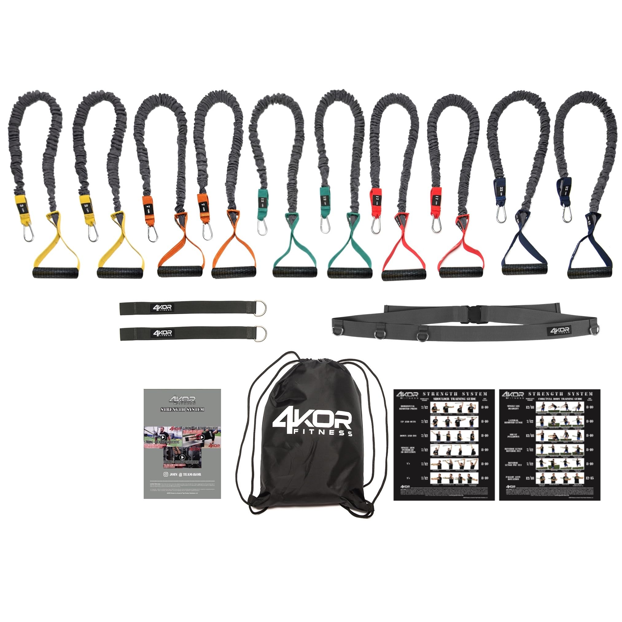 Resistance Cord Set by 4KOR Fitness, with Protective Nylon Sleeves, Handles, Anchors, and Carrying Bag. Perfect for Dynamic Warmups, CrossFit, and Rehab