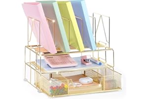 Housmile Gold Desk Organizer, Office Supplies Desk Accessories with Sliding Drawer, Paper Letter Tray, File Sorters and Anti-slip Silicone, Detachable File Organizer for Desk