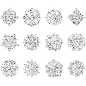 12 Pcs Crystal Rhinestone Flower Brooch Pins for Women, Alloy Flower Lapel Pins with Rhinestones, Bulk Brooches Jewelry for C