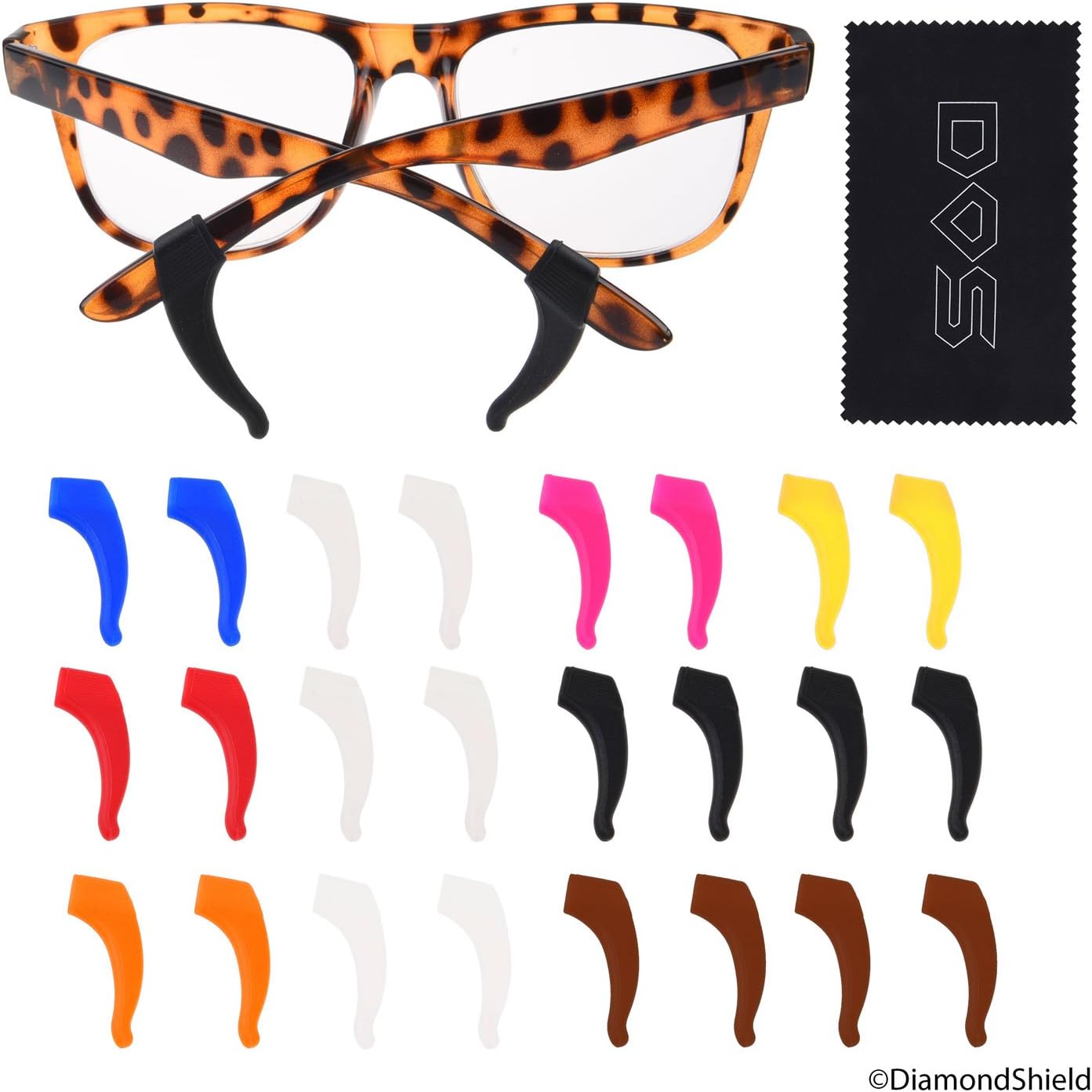 Adjustable earpiece grips for eyeglasses - 12 Pair- 2x transparent white, 2x black, 2x brown, 1x white, 1x hot pink, 1x blue, 1x red, 1x orange, 1x yellow - with Diamond Shield Cloth and Pack