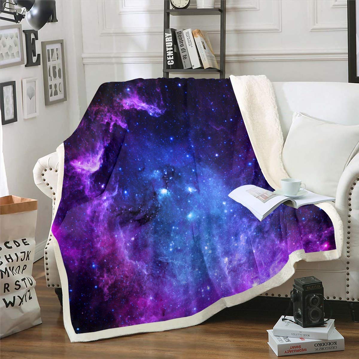 Loussiesd Galaxy Outer Space Fleece Throw Blanket Blue Purple Starry Sky Sherpa for Kids Adults Universe Stars Night Plush Fuzzy Blanket for Sofa Bed Couch Single 50"x60 — image 1