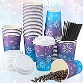 Acellegic 50 Sets 12 oz Winter Snowflake Coffee Cups with Lids Straws Snowflake Coffee Drinking Paper Cups for Christmas Winter Holiday Birthday Wonderland Theme Party Office Travel Business Supplies