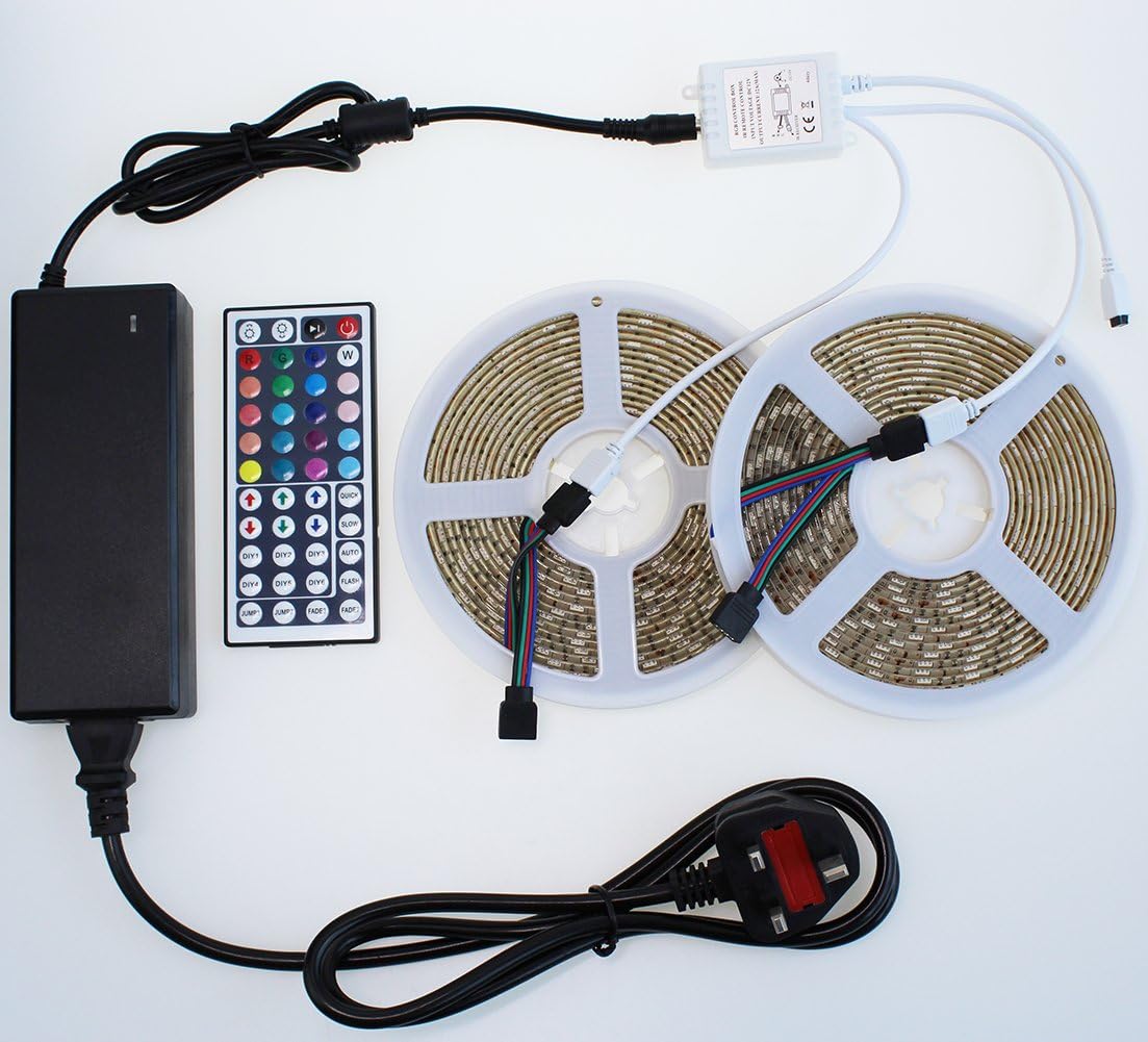 OSKE LED Strip Lights Kit 5050 Waterproof 32.8ft/10M 600 LEDs with 44Key Remote Controller and 12V 8A Power Supply