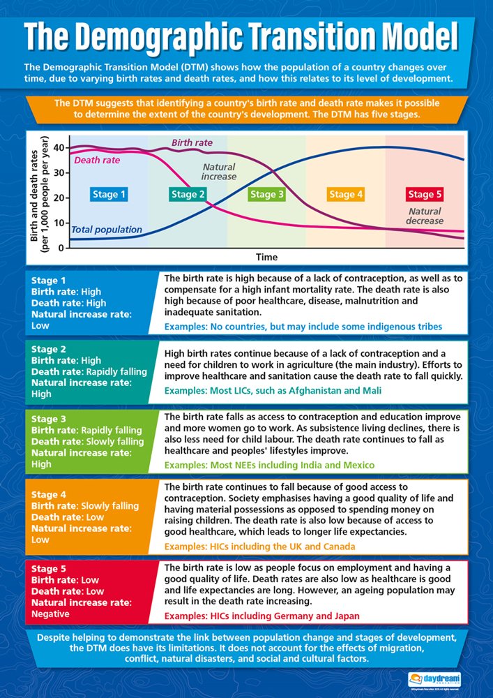 Daydream Education The Demographic Transition Model | Geography Posters | Laminated Gloss Paper measuring 850mm x 594mm (A1) | Geography Classroom Posters | Education Charts