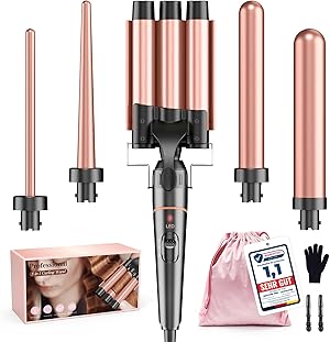 BESTOPE PRO Lockenstab Set 5-in-1 – 3 Keramikfässer für Große Locken & Wellen – Schnelles Aufheizen, 2 Temperaturstufen, Lockenwickler mit Handschuh & 2 Clips, Anti-Frizz, Dual Voltage