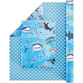 WERNNSAI Shark Reversible Wrapping Paper, 33ft Blue Baby Wrapping Paper | Blue Ocean Gift Wrapping Paper, Baby Shower Happy Birthday Wrapping Paper, Polka Dot Design, Summer Party Favor for Boy Girl
