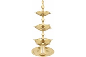 CRAFTSMAN SATVIK Standing Brass Kerala Samai Diwali Deepak for Puja Traditional Panchmahal Pooja Deepam Diya Oil Lamp Kutthu Vilakku Dia 3 in 1 Step Adjustable 8.5 inch Deepawali Indian Gift Item