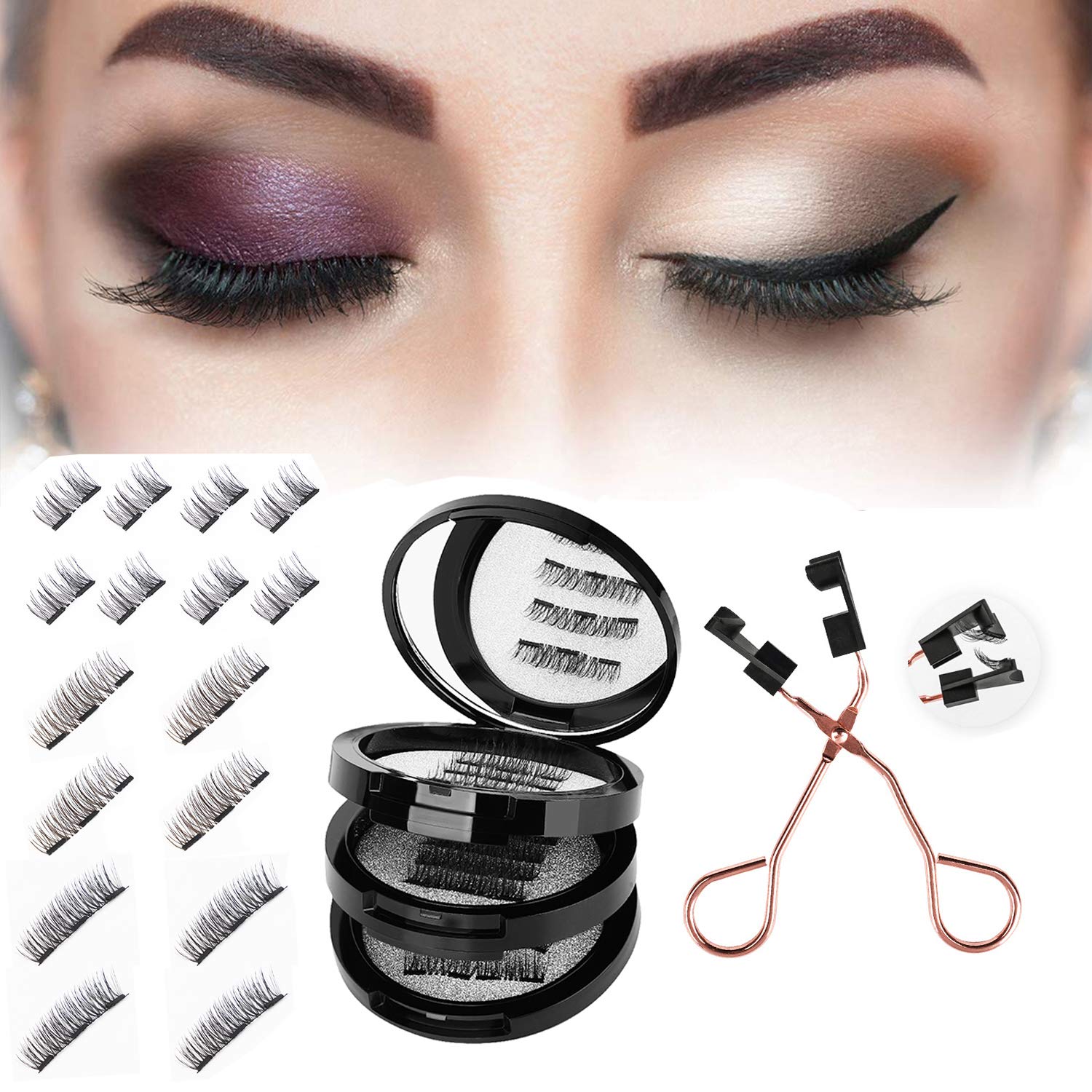 Magnetic Eyelashes 3 Magnets Naturally Reusable False Eyelashes Set, Dramatic Look Fluffy False Lashes Kit for Eyelashes Extensions, Reusable 3D False Eyelashes with Tweezers 4 Pairs(16 pcs)
