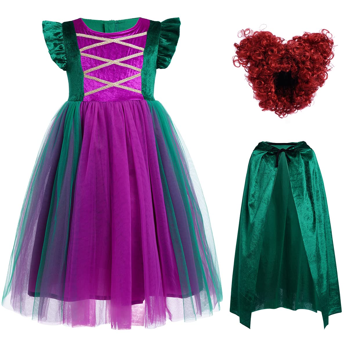 OBEEII Sanderson Sister Costume Kids Girls Sarah Mary Winifred Dress with Cape Wig Outfit Cosplay Halloween Costume #Green 3PCS 4-5 Years