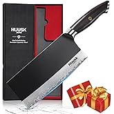 Huusk Butcher Knife for Meat Cutting, 7.5 inch Meat Cleaver Professional Chopping Knife, Full Tang Chef Knives with Damascus Texture, Japanese Cooking Knives, Gift for Men