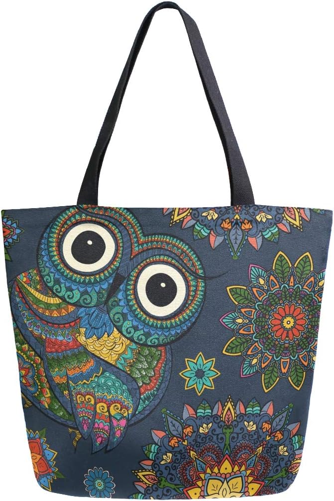 ISAOA Canvas Reusable Shoulder/Hand Tote Shopping Bags,Owl Travel Handbag College Bookbag for Women Girl, Lovely Owl