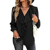 Vrtige Women's V Neck Ruffle Front Button Down Long Sleeve Blouse Top Shirt