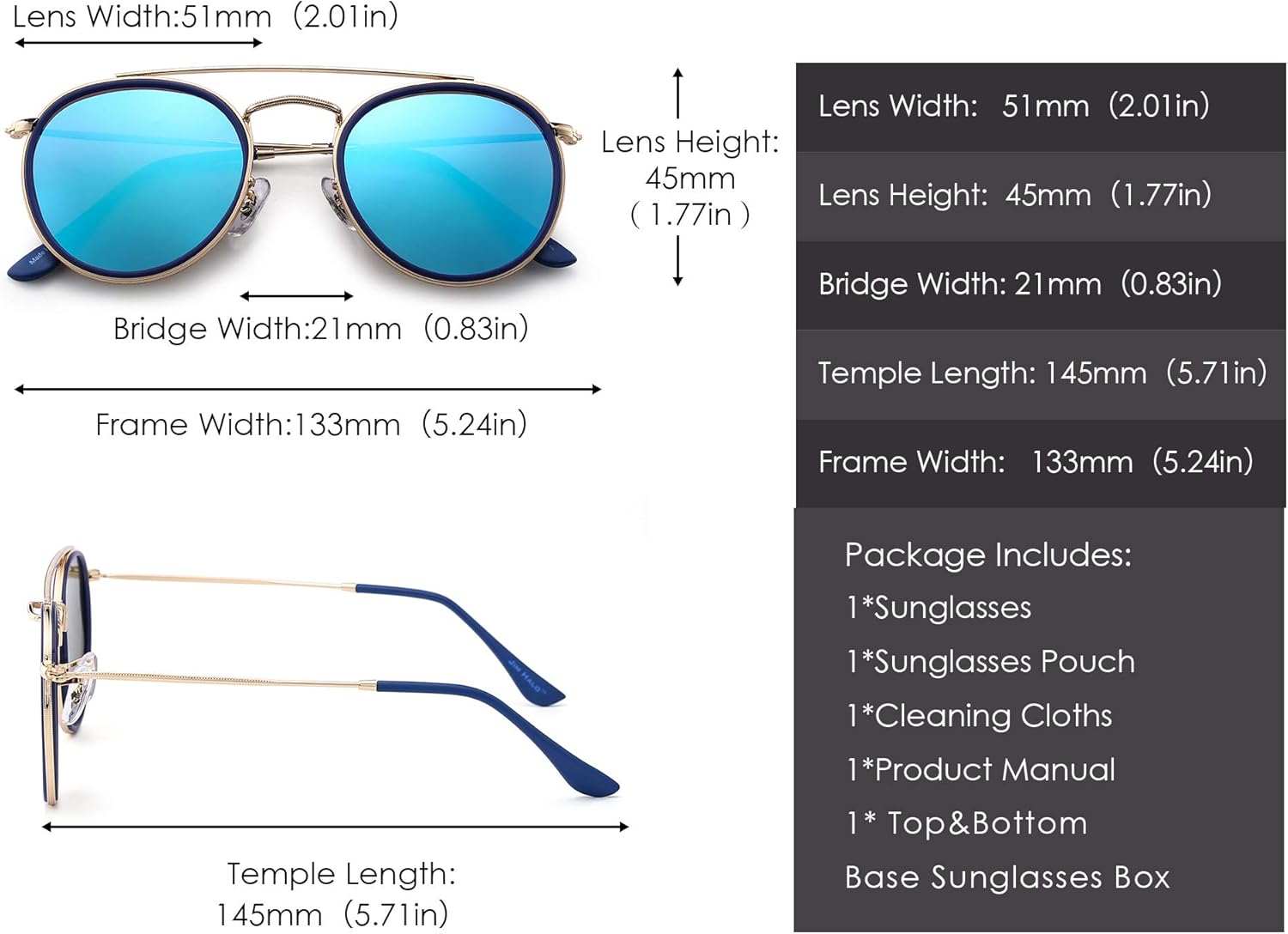 Gafas de Sol Polarizadas Redondas Marco de Metal Lente Circulo Plano Anteojos Mujer Hombre