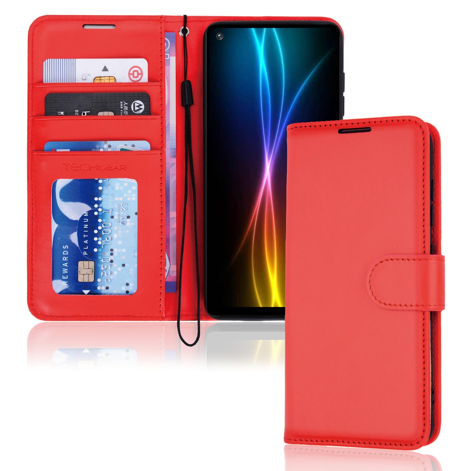 TECHGEAR Galaxy A21s Leather Wallet Case, Flip Protective Case Cover with Wallet Card Holder, Stand and Wrist Strap - Red PU Leather with Magnetic Closure Designed For Samsung Galaxy A21s โ image 1