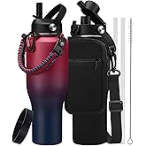 RRYFOUR Insulated Water Bottle 40 oz - Fits in any Car Cup Holder, Keep Cold 48H Hot 24H, Stainless Steel Waterbottle Double Wall Flask with Straw, Pop-up Spout Lid, Paracord Handle, Carrier Bag