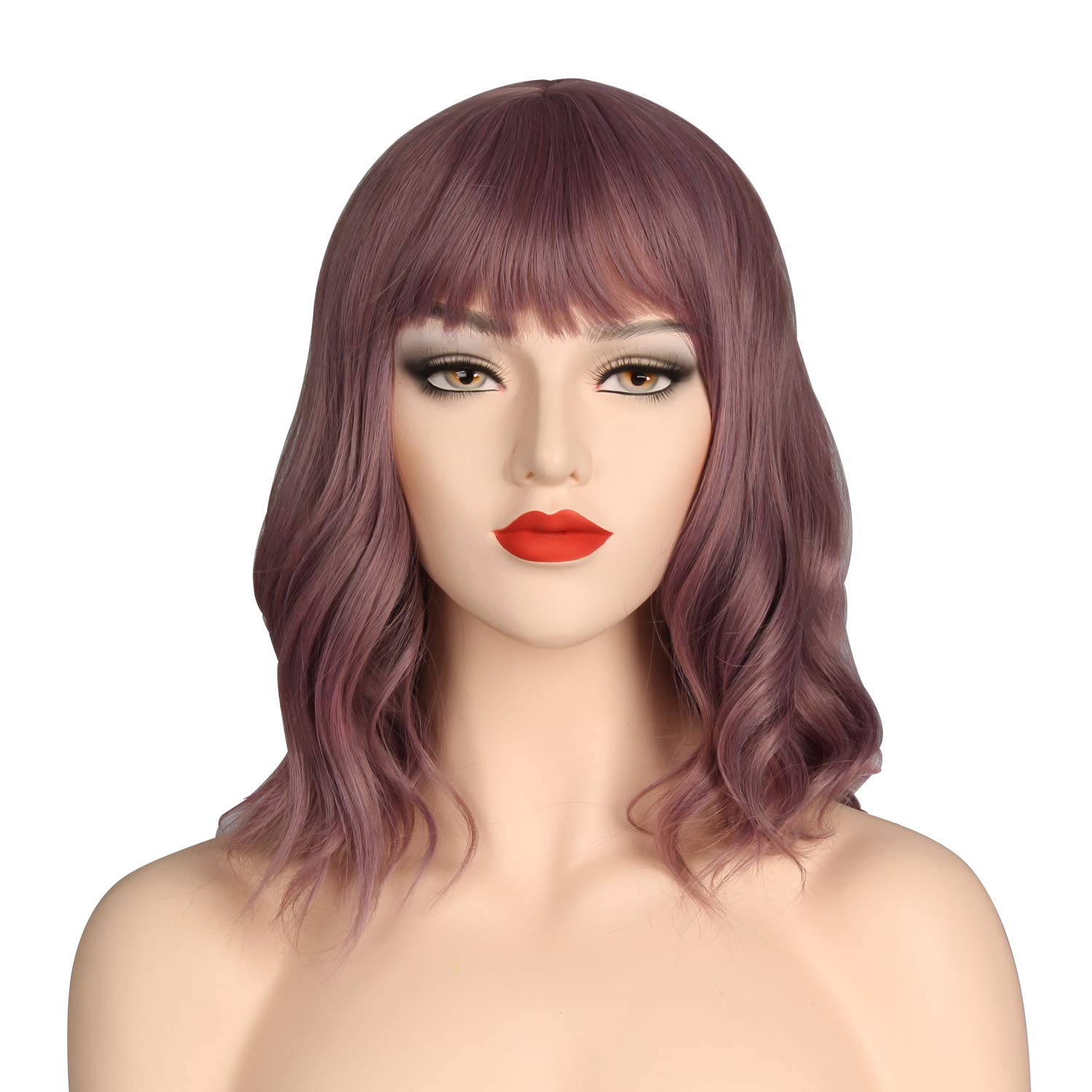 OKVGO Short Curly Bob Wig with Wig Cap for Women Cosplay Party and Daily Use Dark Purple