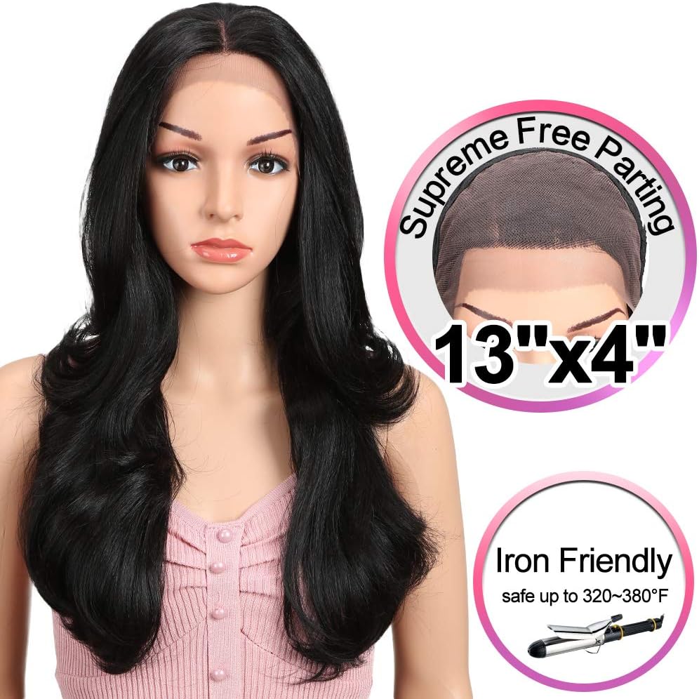 JOEDIR 22" Big Curly Wavy Supreme Free Parting Lace Frontal Wigs With Baby Hair High Temperature Synthetic Wigs For Black Women 180% Density Wigs Ombre Color 250g (1B)