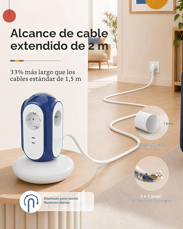 Régua de energia da torre com 3 tomadas AC e 2 USB-C (Carga Rápida 30W), 3680W/16A, Proteção contra Surtos 1420J, Cabo de extensão de 2 m, Proteção Overca (Verde Normandia)