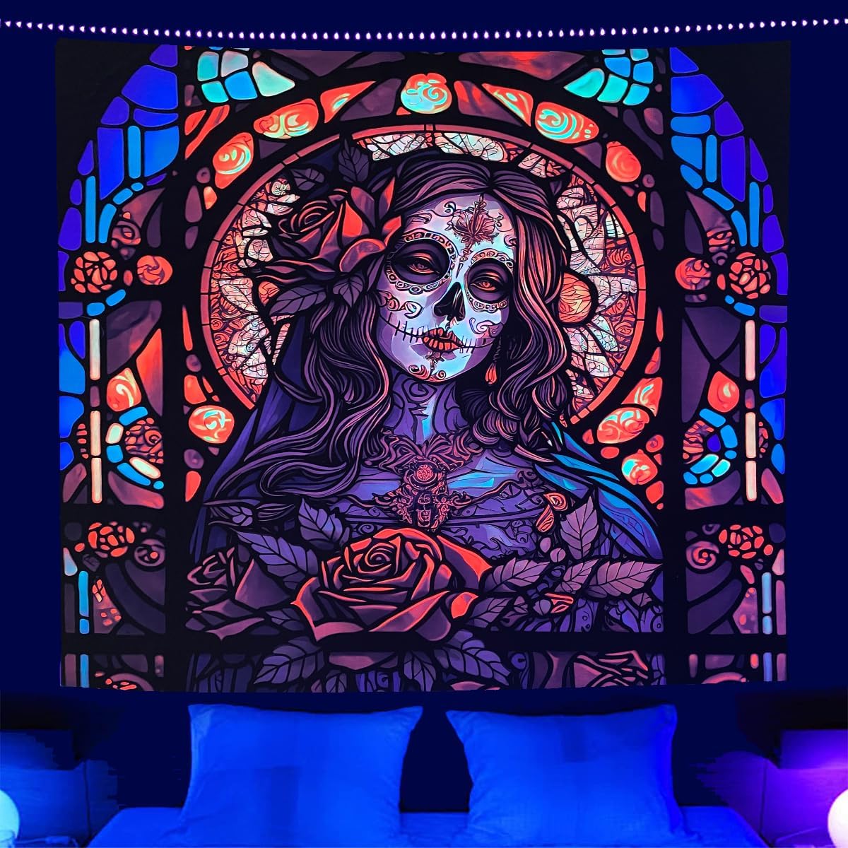Tapestries - Miryoku Blacklight Tapestry Sugar Skull Tapestry Halloween Tapestry UV Reactive Trippy Neon Tapestries Glow in the Dark Party Backdrop, Skeleton Wall Art for Bedroom Living Room - 37.5''×29''