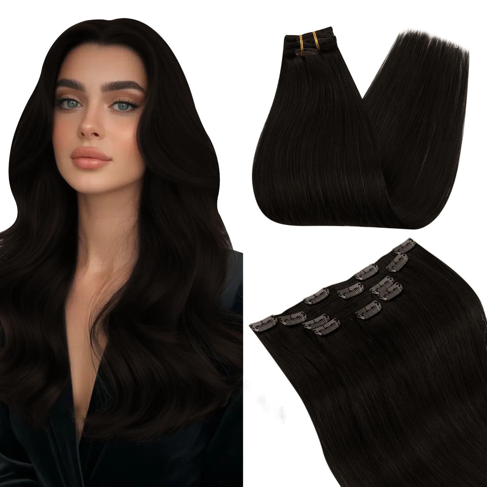 Ugeat Human Hair Clip in Extensions Brown Real Human Hair Extensions Clip ins Darkest Brown Real Hair Clip in Extensions Shoulder Length 5pcs 85g 12 Inch — image 1