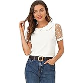 Allegra K Women's Peter Pan Collar Shirt Tops Short Sleeve 1950s Vintage Polka Dots Mesh Sleeve Blouse