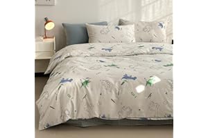 LIWHENHAO Dinosaur Duvet Cover Set Twin 100% Cotton Bedding Cartoon Dino Print on Gray White 1 Kawaii Cute Animal Comforter Cover Zipper Closure 2 Pillowcases for Kids Girls Boys