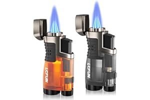 Butane Torch Lighter 2 Pack, Triple Jet Flame Lighter Gas Refillable, Windproof Lighter with Holder and Punch, Gifts for Him 