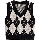 SweatyRocks Women's Plaid Geo Sleeveless V Neck Knit Crop Top Sweater Vest