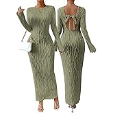 Narecte Fall Dresses for Women Long Sleeve Maxi Dress Backless Bodycon Dresses Casual Long Formal Dress
