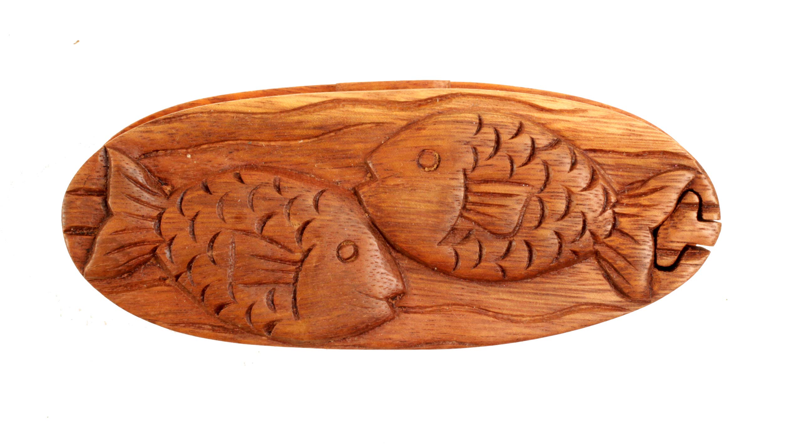 Brave Wings Hand Carved Wooden Treasure Chest Puzzle Trinket Box ~ Two Fish ~ OOAK Unique Figurine Statue Sculpture Gift for Birthdays Christmas for Home Decor or Table Decoration ~ 2703