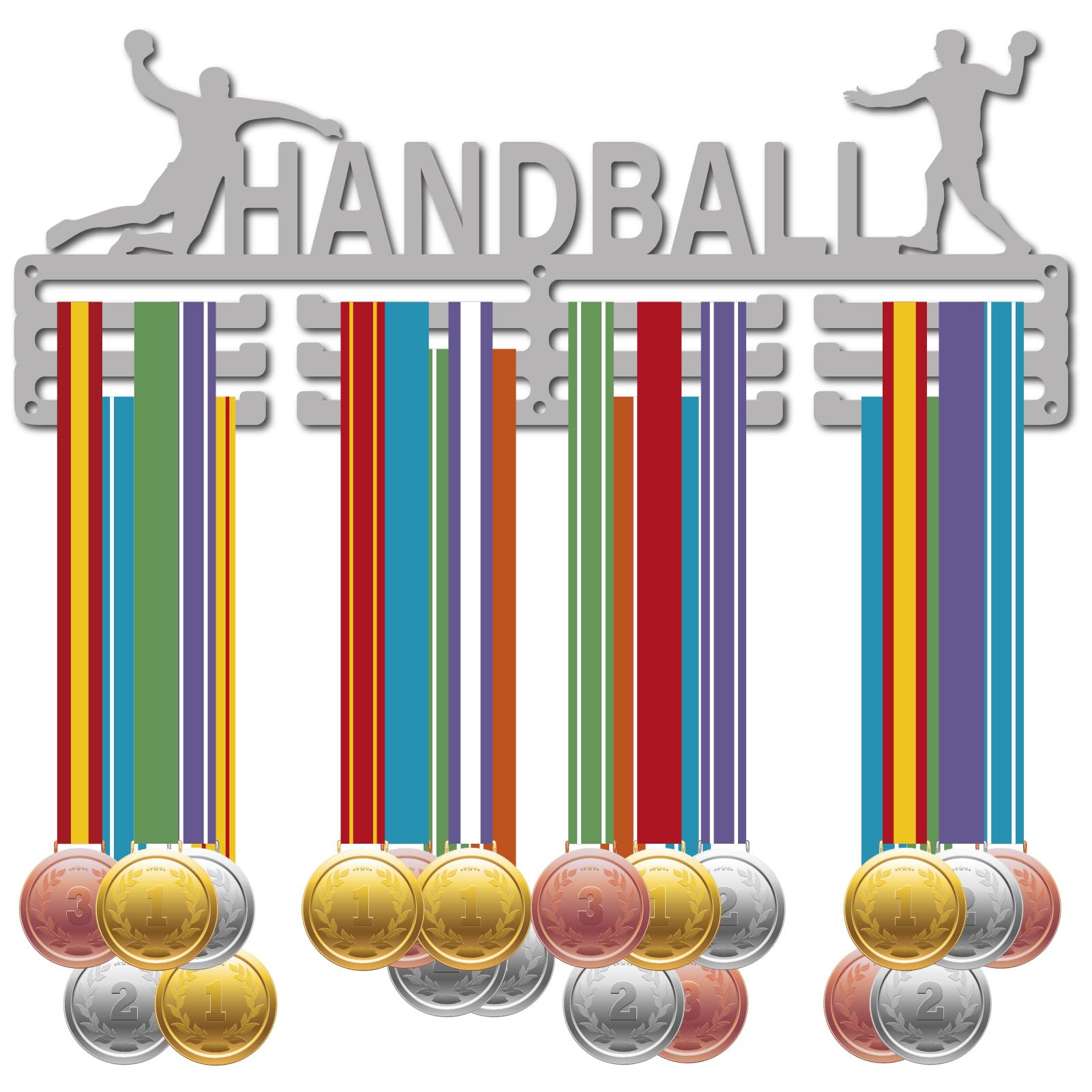 CREATCABIN Handball Medal Holder Sports Medal Hanger Display Award Ribbons Organizer Metal Silver Rack Mounted for Wall Hanging 40+ Medals Race Gifts Soccer Players Athletes Medalists 15.7x5.9Inch