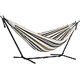 Vivere Double Cotton Hammock with Space Saving Steel Stand, Upgraded Polyester End Strings 450 lb Capacity - Premium Carry Bag Included - USA Grown Cotton (Desert Moon)