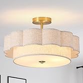 MeiShiDeng 17.71" Modern Drum Semi Flush Mount Ceiling Light,3-Lights White Drum Ceiling Lighting Fixture,Vintage 2-Layer Lin