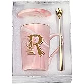 WENSSY Pink 14 Ounce Letter R with Flower Personalized Initial Mugs, Novelty Coffee Mugs for Women, Bridal Shower Gifts, Women's Initials Gifts