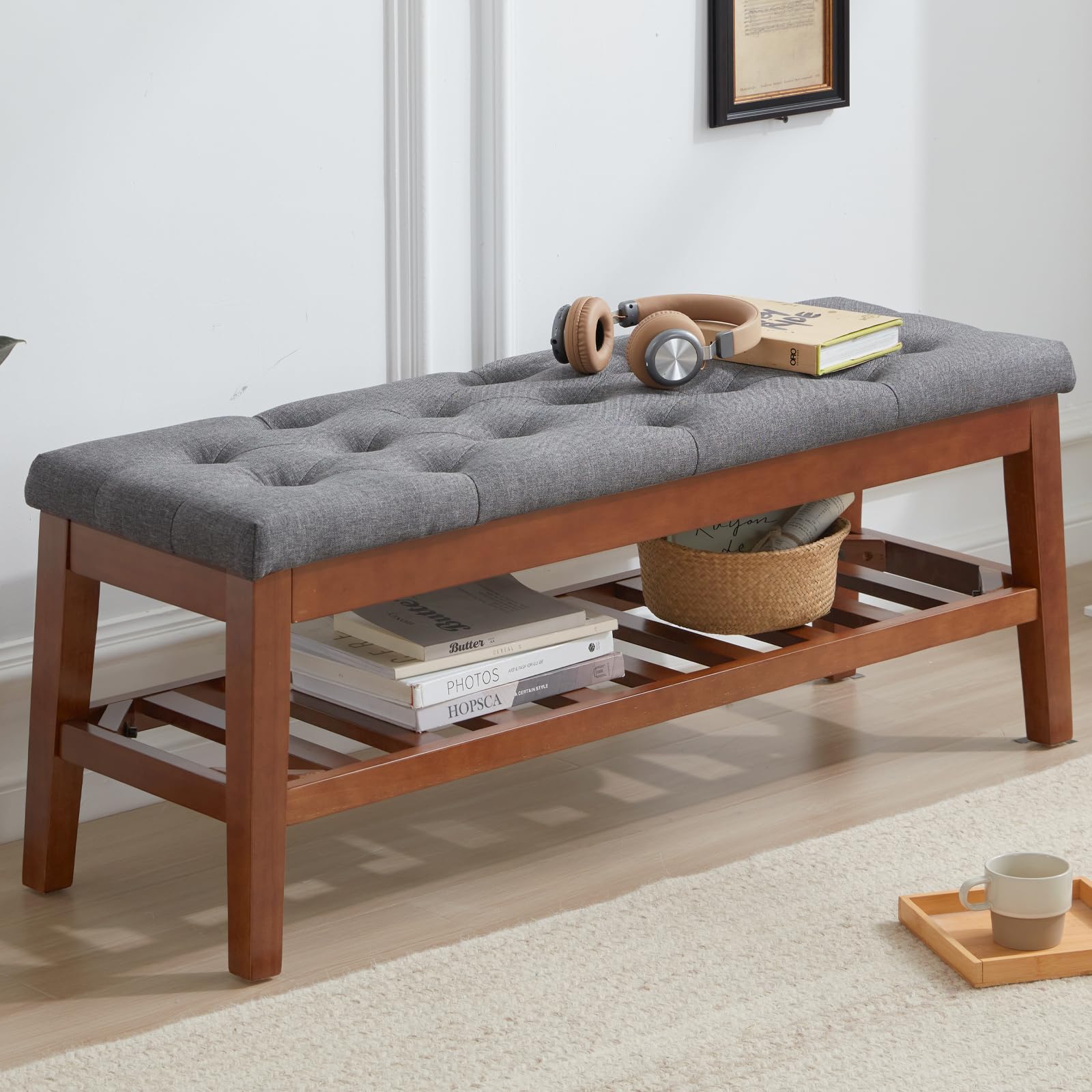 Photo 1 of MILCIL Upholstered Shoe Bench Entryway Bench for Bedroom, End of Bed, Ottoman Bench Tufted Padded Seat with Solid Wood Shelf for Living Room, Linen Dark Gray