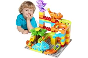 HUNLOOT Marble Runs Building Blocks for Kids Dinosaur,Classic Big Blocks Educational Stem for Toddlers,Compatible with Major Brands Birthday Toys Gifts for Age 3 4 5 6 7 8+ Boys Girls