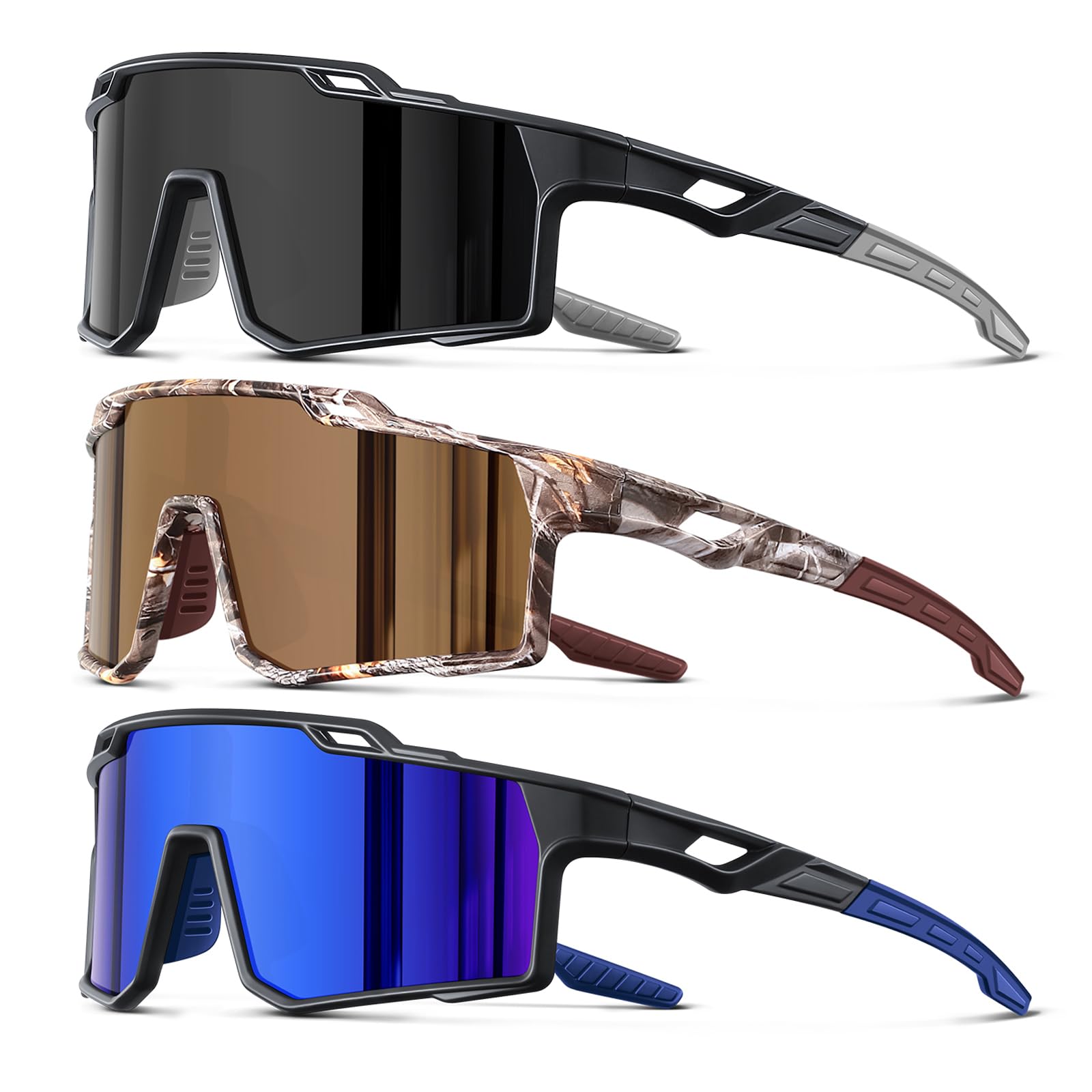 Photo 1 of 3pcs Polarized Sport Sunglasses Men Cycling Driving Fishing UV Protection Sun Glasses Lightweight Big Frame Mountain Bike Goggles