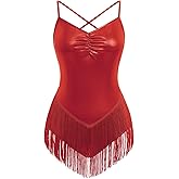 Women Sexy Metallic Fringe Bodysuit Criss Cross Back Sparkly Latin Trapeze Artist Tassel Costume Circus Rave Outfits