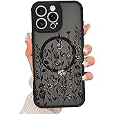 Fsoole Magnetic for iPhone 16 Pro Max Case [Compatible with MagSafe] Cute Flower Floral Print Pattern Design, Slim Bumper Translucent Matte Protective Cover for Women Girls, Black