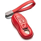Vitodeco Genuine Leather Smart Key Fob Case with Leather Key Strap Compatible for Porsche 911, Cayenne, Macan, Panamera, Cayman, Boxster (2010 - 2022 Models) - 3 Buttons, Red