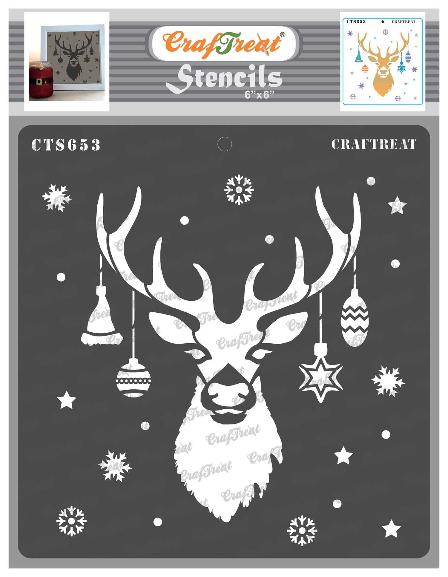 CrafTreat Reusable Reindeer Stencils for Painting on Wood Christmas - Reindeer Stencil - 6X6 Inch - Reindeer Head Stencil for Cookies Christmas - Reindeer Face Stencil for Christmas