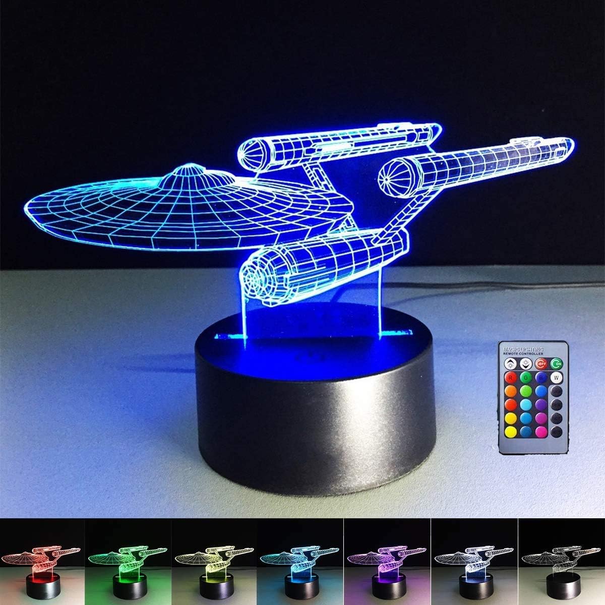 3D Illusion Lamp Spaceship,3D LED Night Light 7 Color Change with Remote Control Desk Decoration Lamps Birthday Christmas Gift with Acrylic Flat,Powered by USB or 3-AA Battery