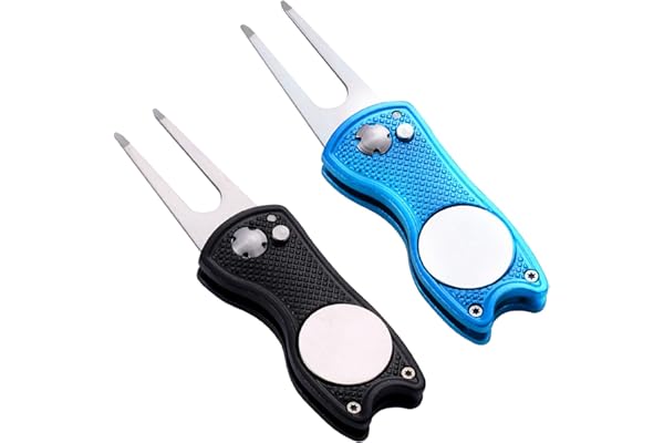 KABUDA 2 Pack Metal Foldable Golf Divot Tool with Pop-up Button & Magnetic Ball Marker (Pack of 2, F