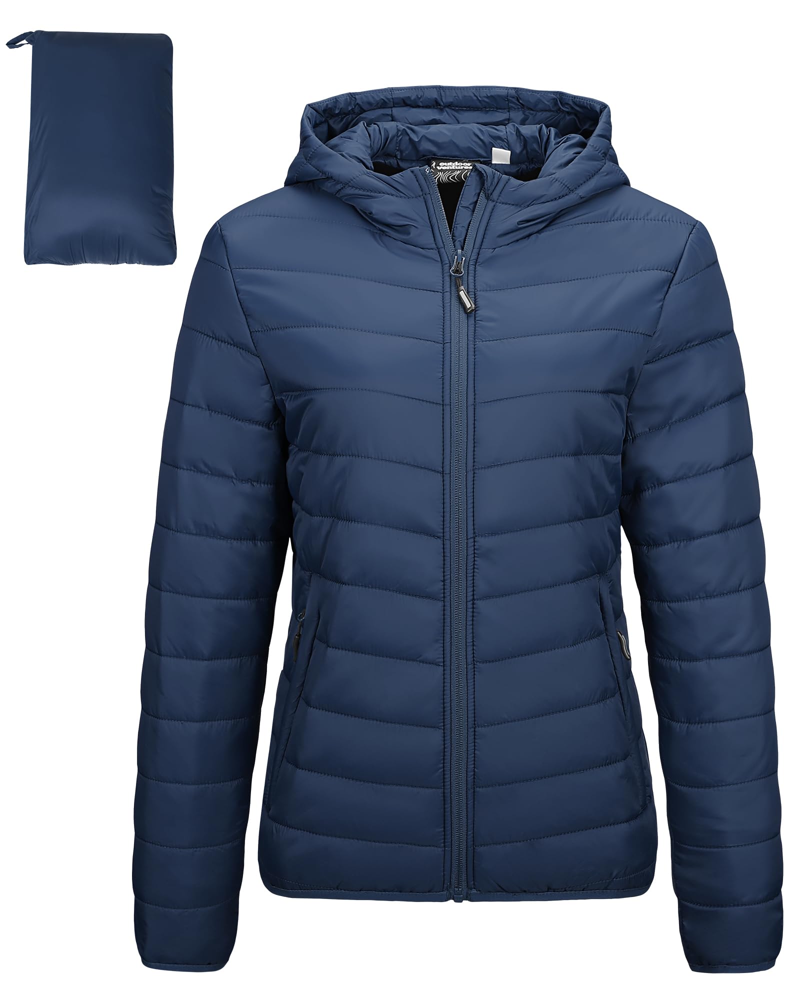 Outdoor Ventures Women's Packable Lightweight Full-Zip Puffer Jacket with Hood Quilted Winter Coat Image