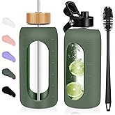 FULBEVY Glass Water Bottles 64 oz - Half Gallon Large Motivational Daily Water Intake Bottle Time Marker - Glass Water Bottle With Straw, Silicone Sleeve 2 Lids, Handle Spout & Bamboo Lid(Olive)