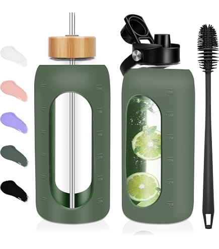 Amazon.com: Yenergy 2 Liter Large Glass Water Bottle with Motivational  Daily Water Intake Marks,Drinking Bottle,64 oz Resuable Wide Mouth Glass  Bottles with Handle Sleeve, BPA Free for Gym/Office (Slivery Lid) : Sports